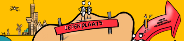 Een cartoonafbeelding met Pas op de plaats-thema, met een man en een vrouw. School en Veiligheid