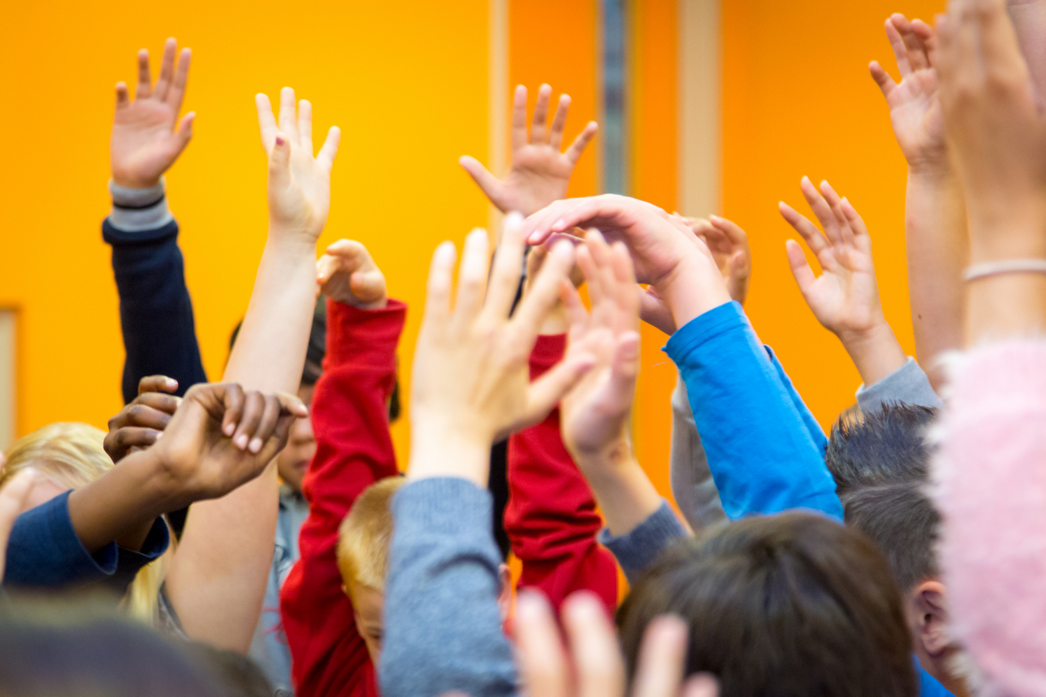 Een groep kinderen steekt enthousiast hun handen in de lucht, waarmee ze hun leergierigheid laten zien. School en Veiligheid