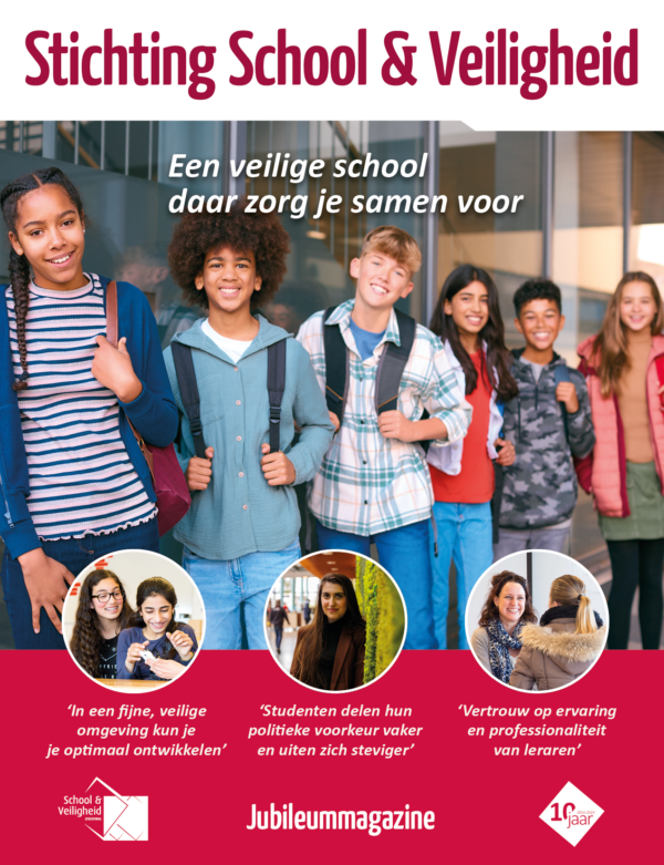 Groep diverse studenten en docenten die lachend in een gang staan, met tekst die het belang van een veilige schoolomgeving benadrukt en getuigenissen die dit ondersteunen. Uitgelicht in het Jubileummagazine van Stichting School & Veiligheid.